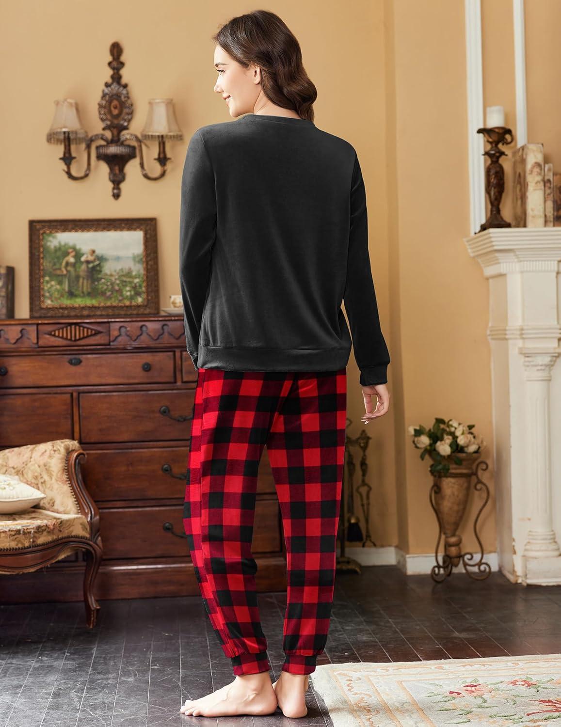 imageEkouaer Womens Pajamas Sets Long Sleeve Soft Sleepwear 2 Piece Velvet Pjs Lounge Sets with PocketsPlaid Red