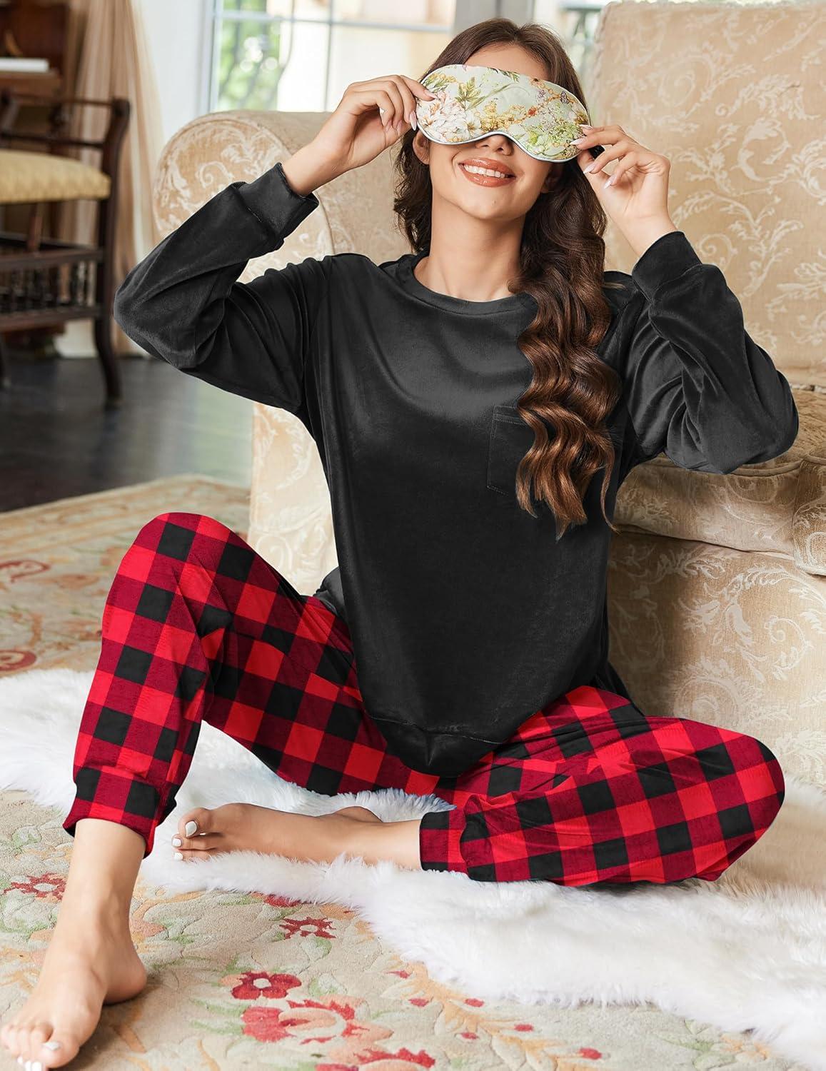 imageEkouaer Womens Pajamas Sets Long Sleeve Soft Sleepwear 2 Piece Velvet Pjs Lounge Sets with PocketsPlaid Red