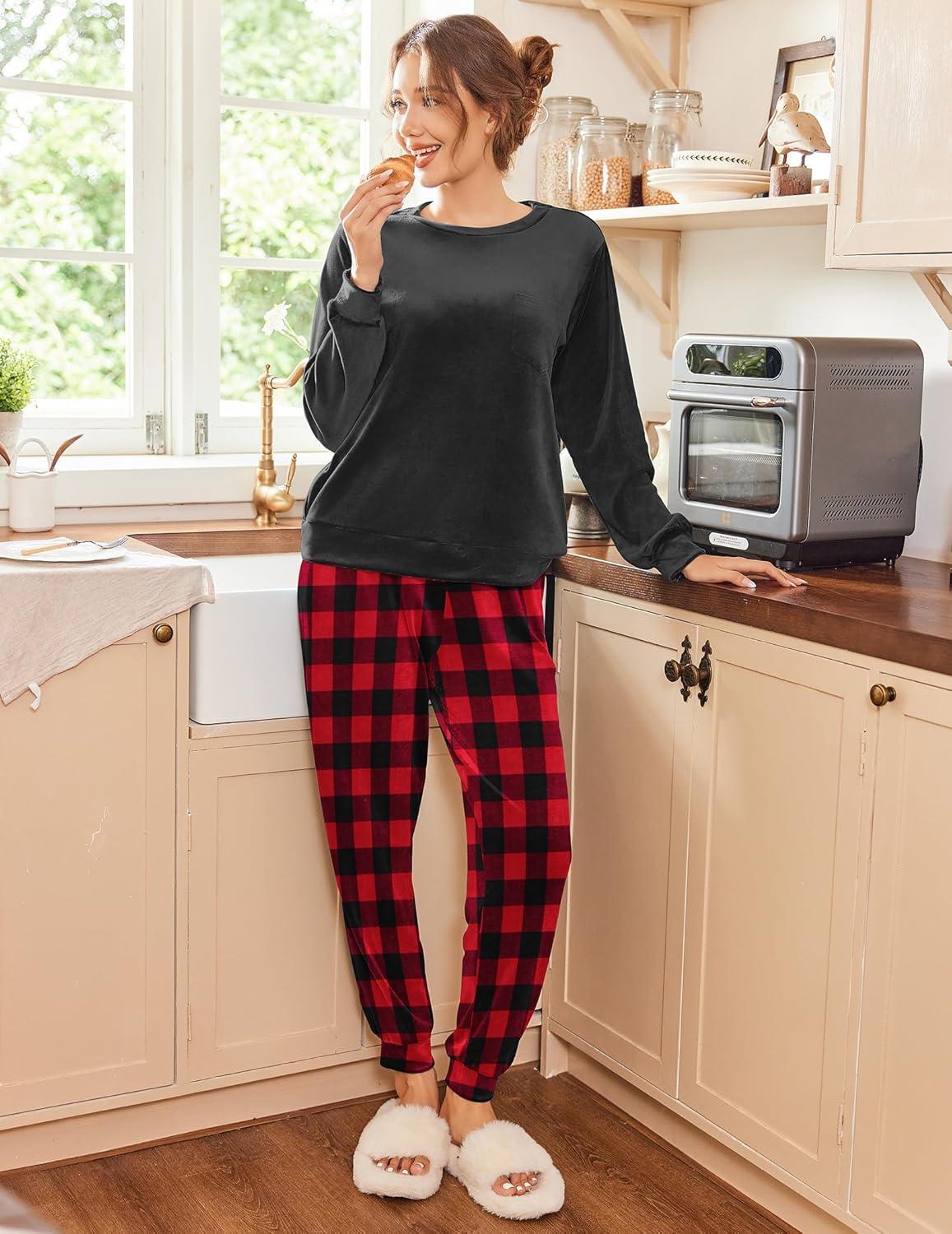imageEkouaer Womens Pajamas Sets Long Sleeve Soft Sleepwear 2 Piece Velvet Pjs Lounge Sets with PocketsPlaid Red