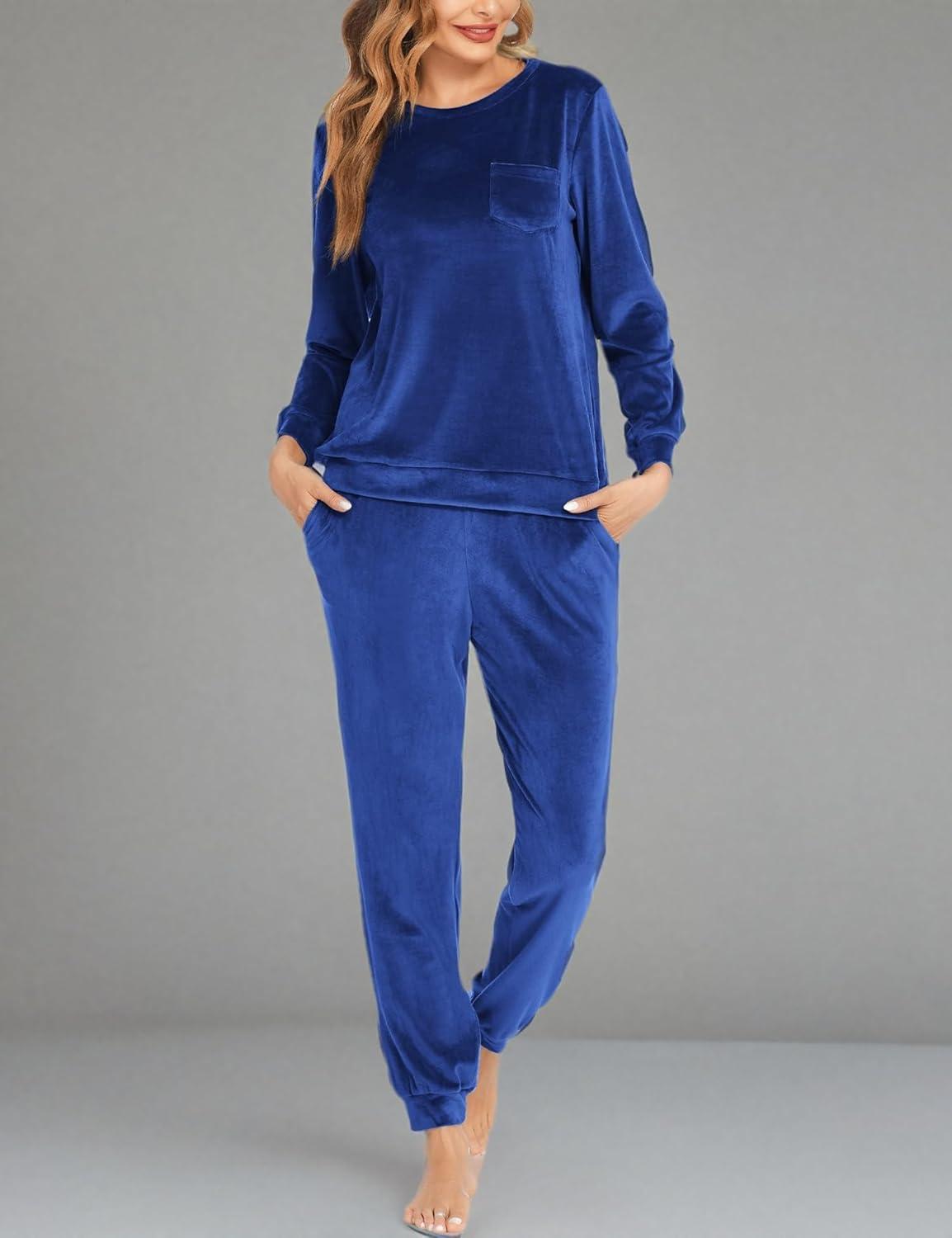 imageEkouaer Womens Pajamas Sets Long Sleeve Soft Sleepwear 2 Piece Velvet Pjs Lounge Sets with PocketsSnorkel Blue
