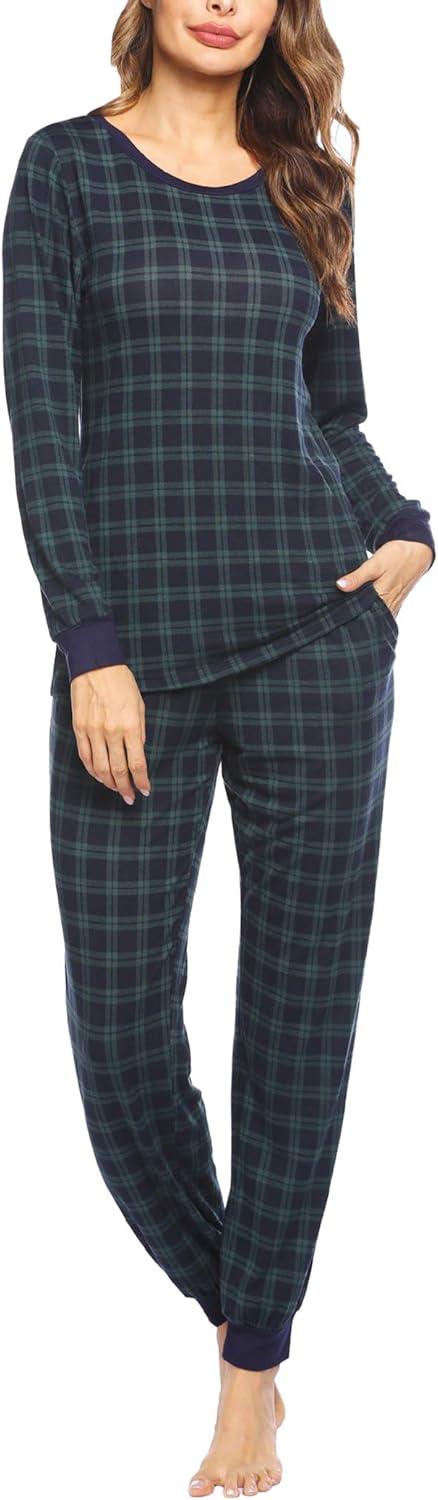 imageEkouaer Womens Pajamas Sets Long Sleeve Tops with Jogger Pants Soft Pjs Lounge Set Outfits with PocketsNavygreen Plaid