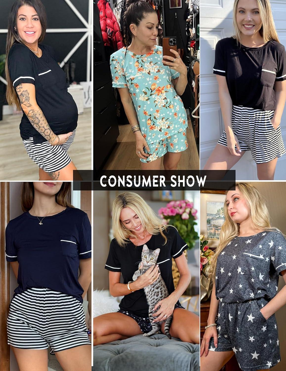 imageEkouaer Womens Pajamas Sets Shorts 2 Piece Short Sleeve Lounge Sets Round Neck Sleepwear Soft Pjs with PocketsBlack Star