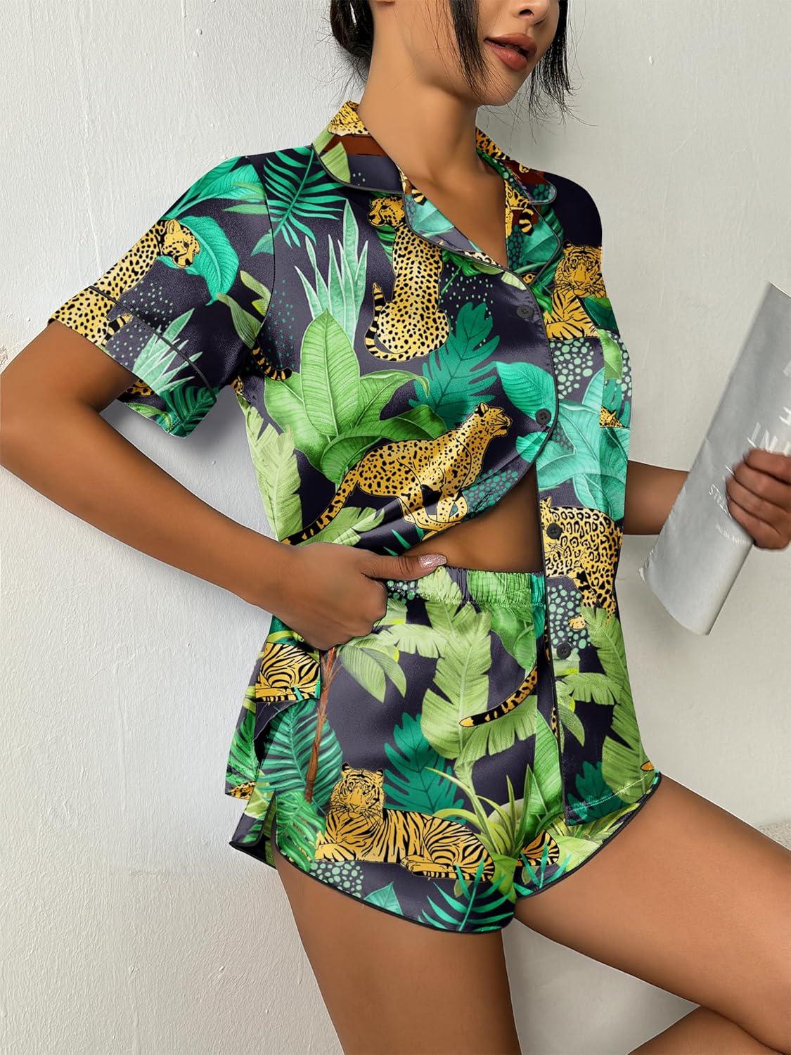 imageEkouaer Womens Silk Satin Pajama Set Print Short Sleeve Sleepwear Button Down Pjs Shorts Set LoungewearJungle Leopard