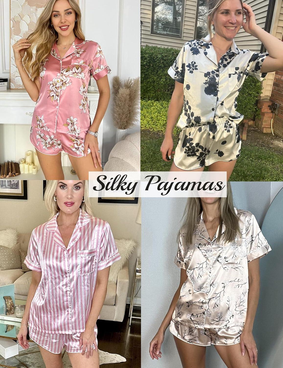 imageEkouaer Womens Silk Satin Pajama Set Print Short Sleeve Sleepwear Button Down Pjs Shorts Set LoungewearWhite Leopard