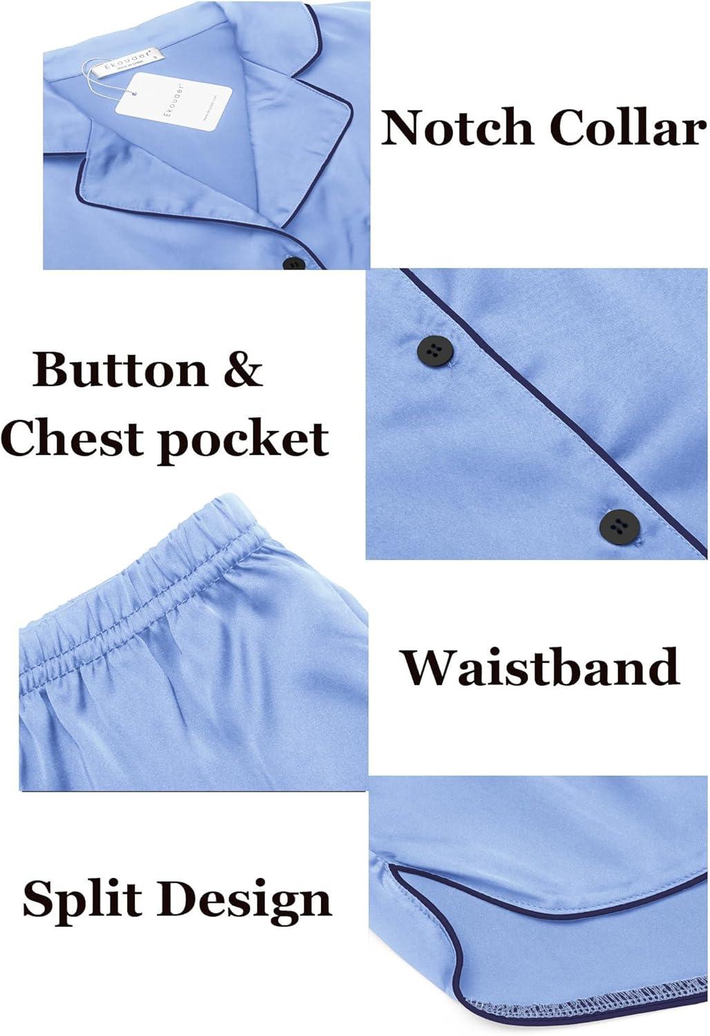 imageEkouaer Womens Silk Satin Pajamas Set Short Sleeve Sleepwear Button Down Loungewear 2 Piece Pjs Shorts Set S5X Plus SizeBlue With Navy Blue Piping