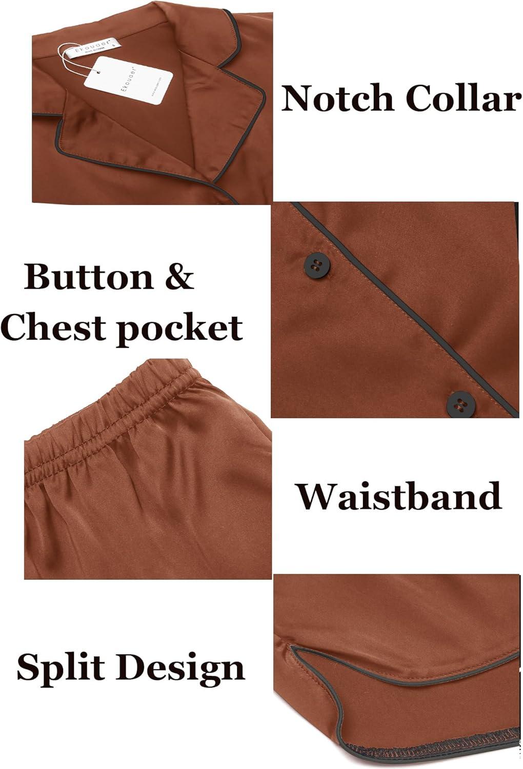 imageEkouaer Womens Silk Satin Pajamas Set Short Sleeve Sleepwear Button Down Loungewear 2 Piece Pjs Shorts Set S5X Plus SizeBrown