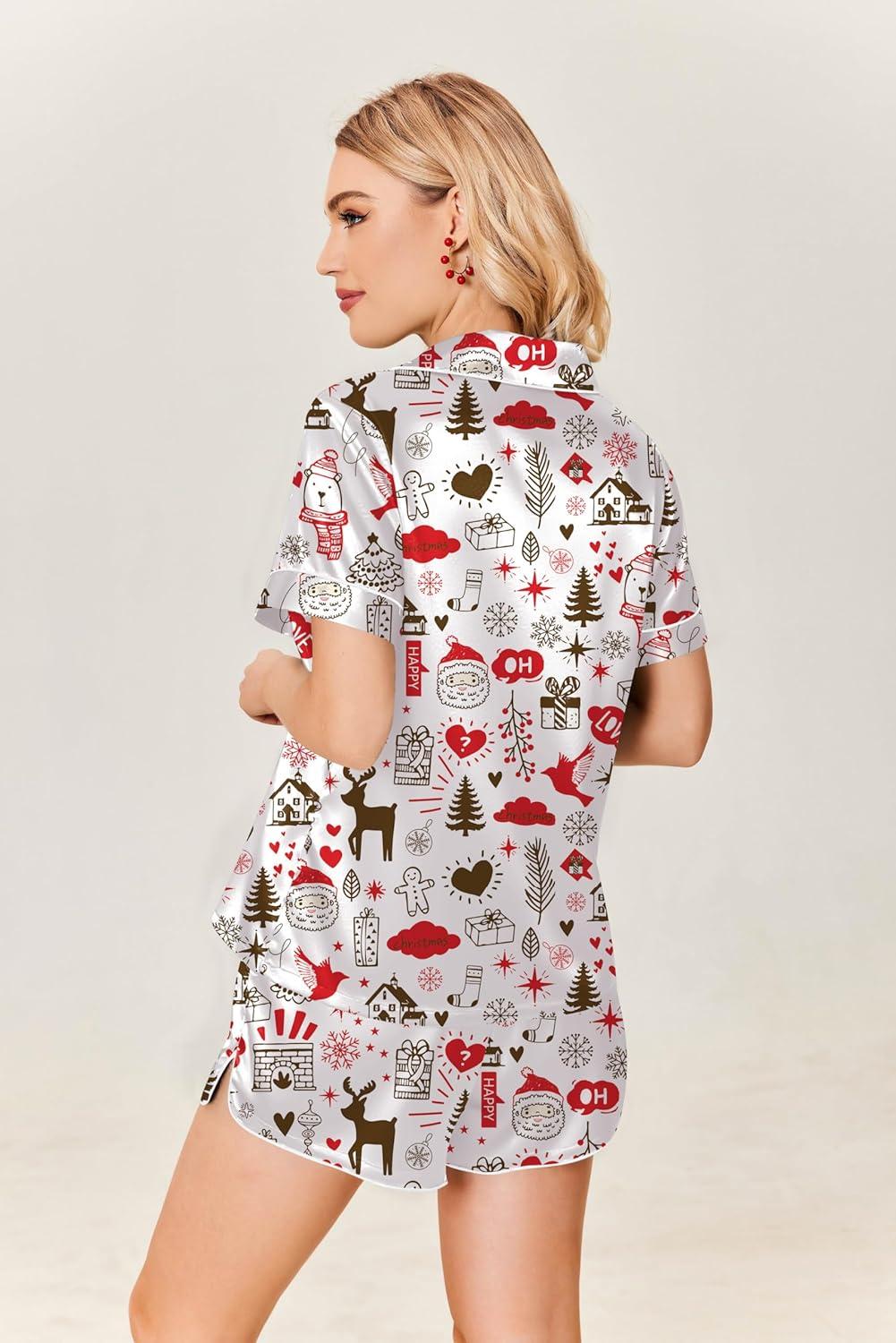 imageEkouaer Womens Silk Satin Pajamas Set Short Sleeve Sleepwear Button Down Loungewear 2 Piece Pjs Shorts Set S5X Plus SizeWhite Christmas Print