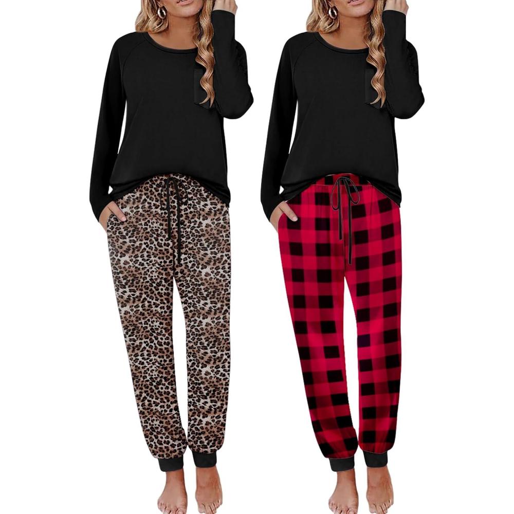 imageEkouaer 2 Pack Womens Pajamas Set Long Sleeve Sleepwear Top and Jogger Pants Lounge Sets Cozy Pjs Loungewear SXXLBlack Red Plaidleopard
