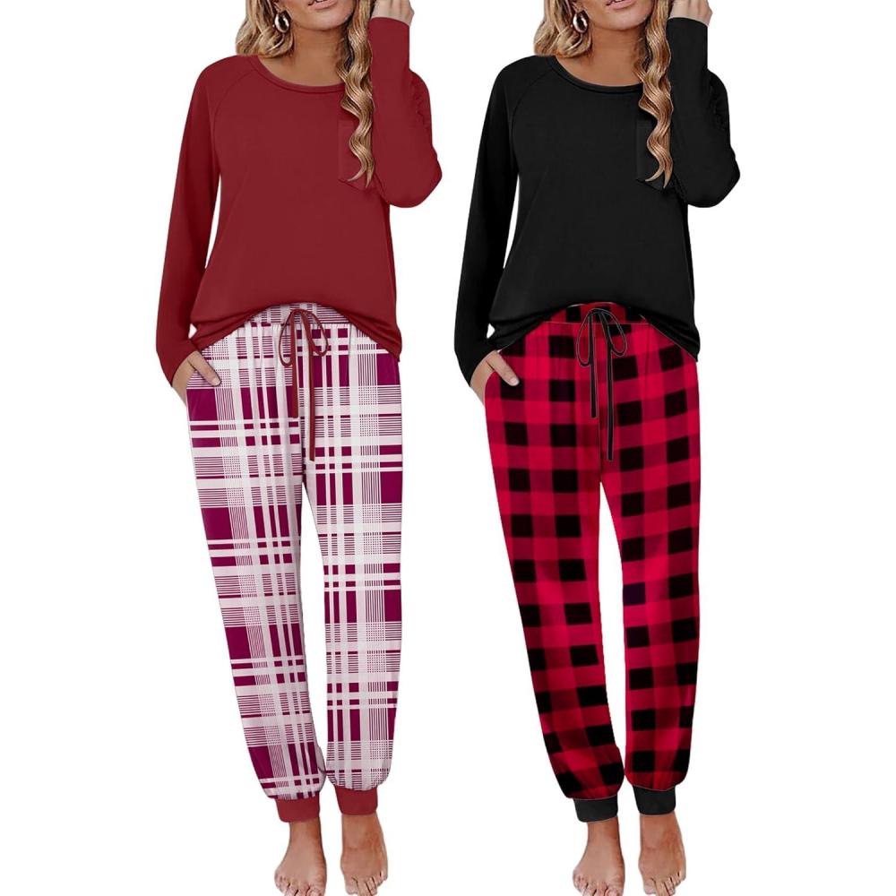 imageEkouaer 2 Pack Womens Pajamas Set Long Sleeve Sleepwear Top and Jogger Pants Lounge Sets Cozy Pjs Loungewear SXXLBlack Red Plaidwine Plaid