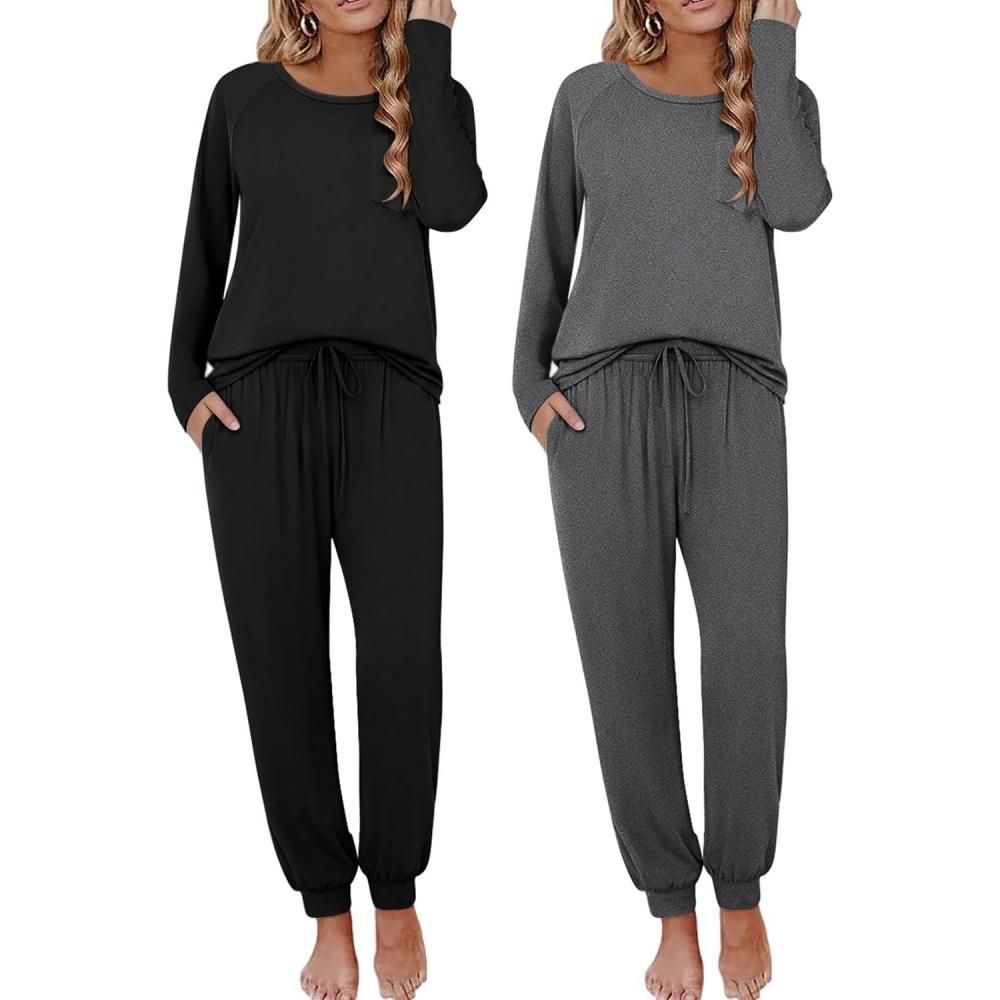 imageEkouaer 2 Pack Womens Pajamas Set Long Sleeve Sleepwear Top and Jogger Pants Lounge Sets Cozy Pjs Loungewear SXXLBlackdark Gray