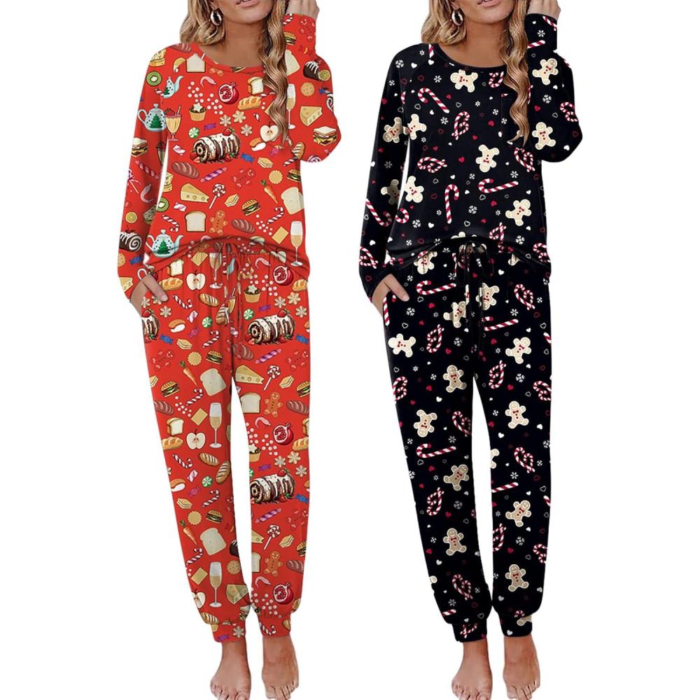 imageEkouaer 2 Pack Womens Pajamas Set Long Sleeve Sleepwear Top and Jogger Pants Lounge Sets Cozy Pjs Loungewear SXXLChristmas Foodchristmas Gingerbread
