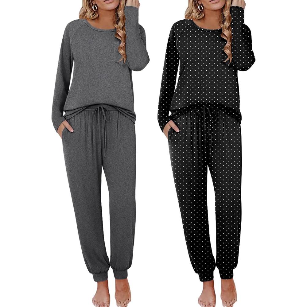 imageEkouaer 2 Pack Womens Pajamas Set Long Sleeve Sleepwear Top and Jogger Pants Lounge Sets Cozy Pjs Loungewear SXXLDark Greysmall Dots