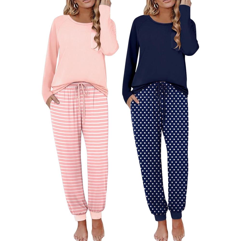 imageEkouaer 2 Pack Womens Pajamas Set Long Sleeve Sleepwear Top and Jogger Pants Lounge Sets Cozy Pjs Loungewear SXXLNavy Dotslight Pink Striped