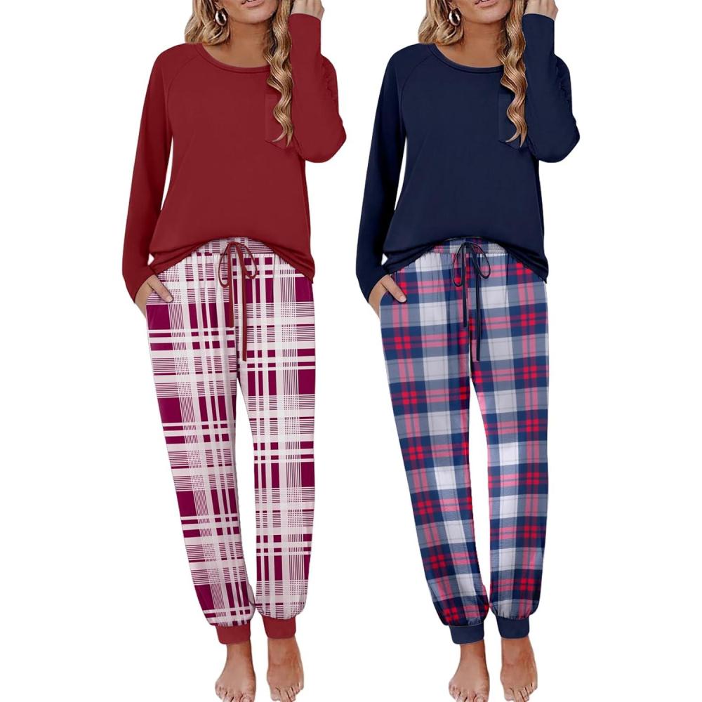 imageEkouaer 2 Pack Womens Pajamas Set Long Sleeve Sleepwear Top and Jogger Pants Lounge Sets Cozy Pjs Loungewear SXXLNavy Plaidwine Plaid