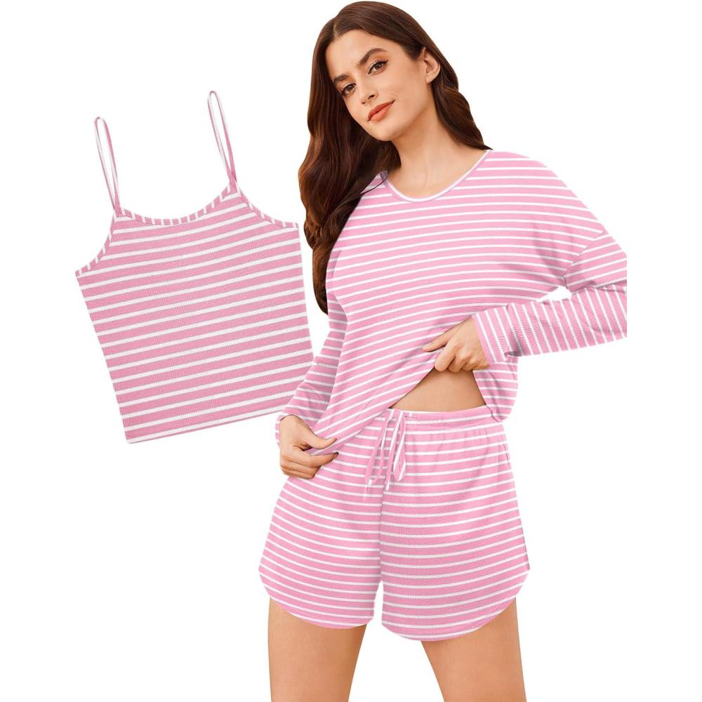 imageEkouaer 3 Piece Waffle Knit Lounge Set for Women Long Sleeve and Cami Top with Shorts Pajama Sets for Workout Outfits