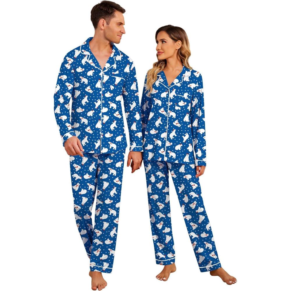 imageEkouaer Christmas Family Matching Pajamas Long Sleeve Button Down Pj Set Festival Party SleepwearBlue Bear