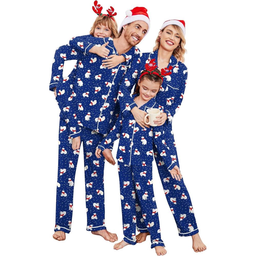 imageEkouaer Christmas Family Matching Pajamas Long Sleeve Button Down Pj Set Festival Party SleepwearBluePolar Bear