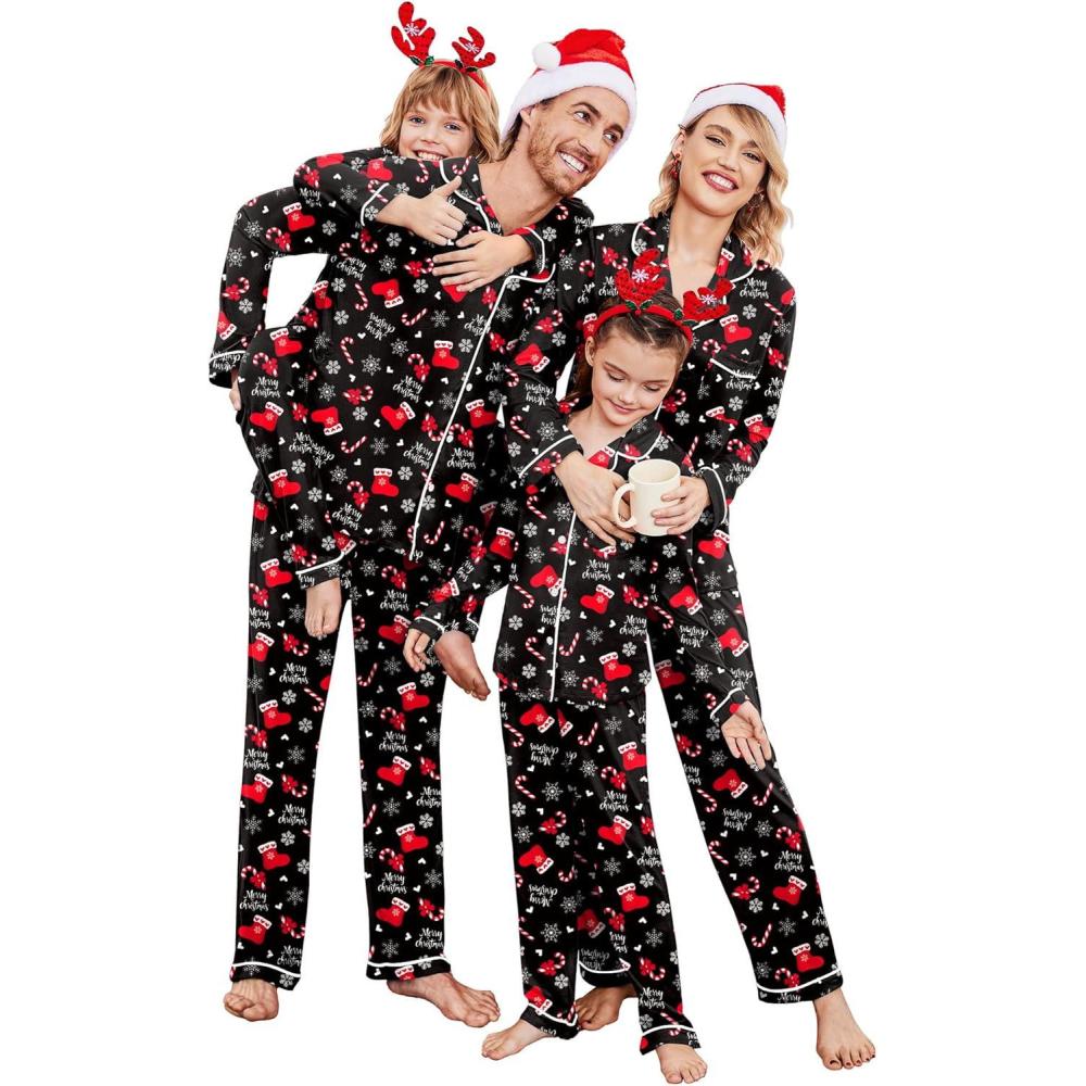 imageEkouaer Christmas Family Matching Pajamas Long Sleeve Button Down Pj Set Festival Party SleepwearChristmas Black