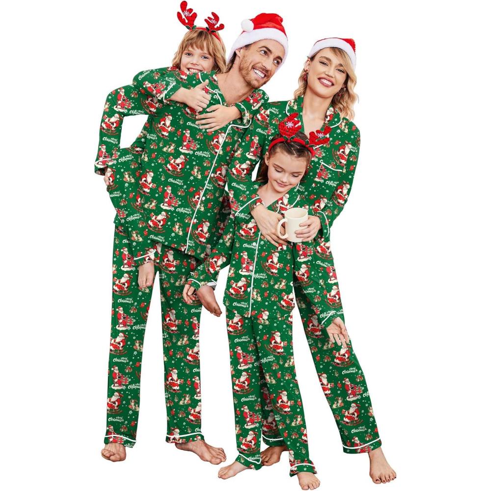 imageEkouaer Christmas Family Matching Pajamas Long Sleeve Button Down Pj Set Festival Party SleepwearChristmas Green