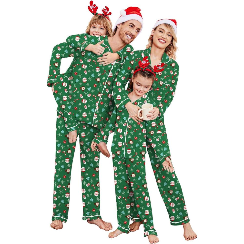 imageEkouaer Christmas Family Matching Pajamas Long Sleeve Button Down Pj Set Festival Party SleepwearDeep Green Snowman 2