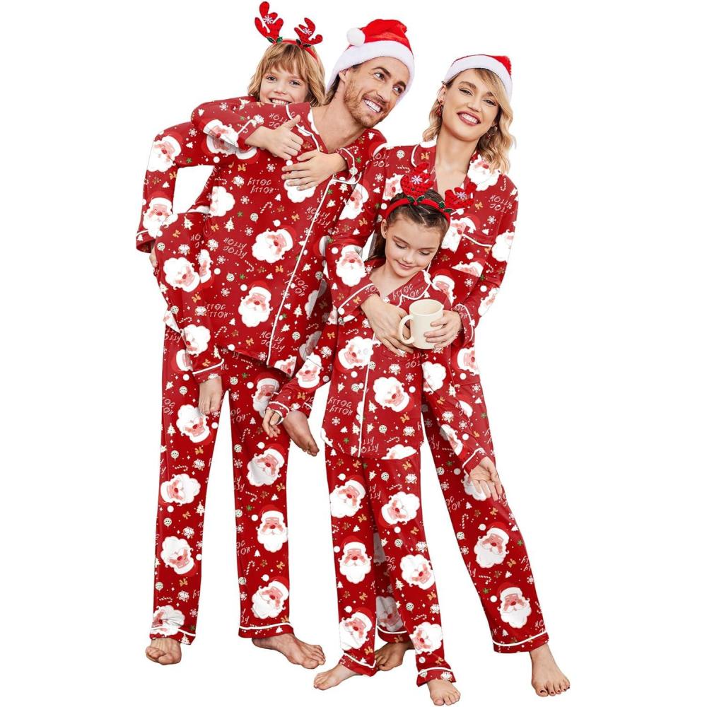 imageEkouaer Christmas Family Matching Pajamas Long Sleeve Button Down Pj Set Festival Party SleepwearDeep Red Santa Claus
