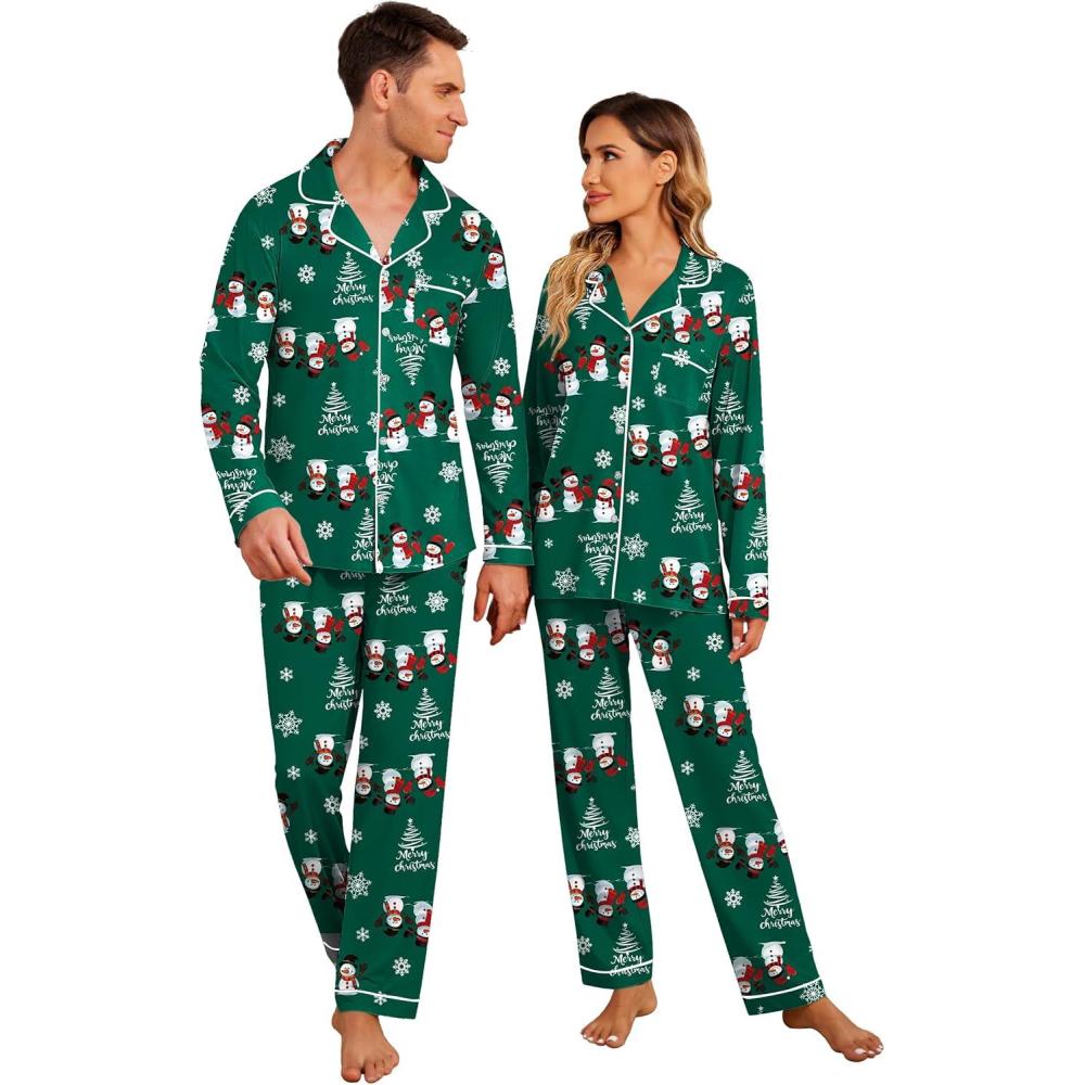 imageEkouaer Christmas Family Matching Pajamas Long Sleeve Button Down Pj Set Festival Party SleepwearGreen Snowman
