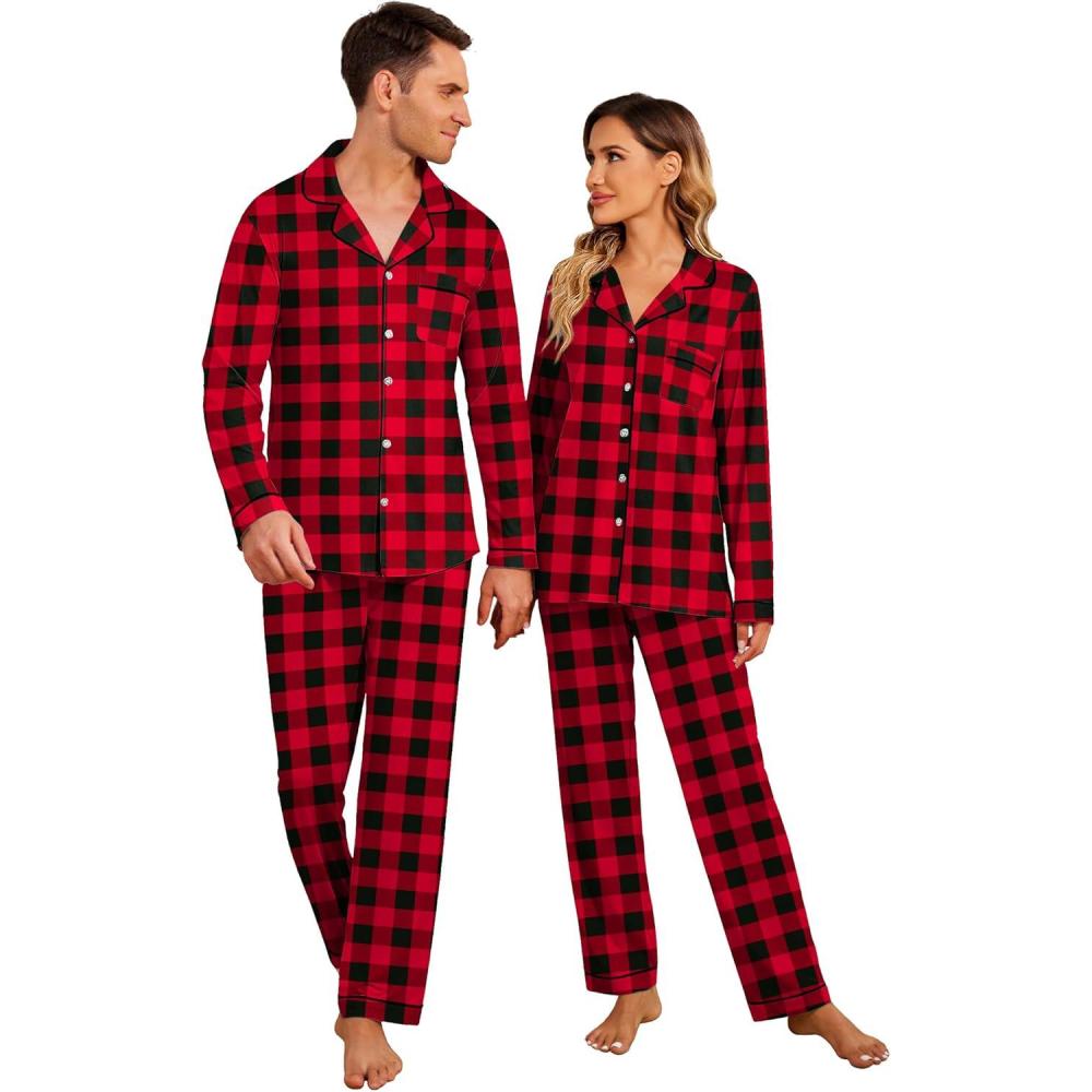 imageEkouaer Christmas Family Matching Pajamas Long Sleeve Button Down Pj Set Festival Party SleepwearRed Black Plaid