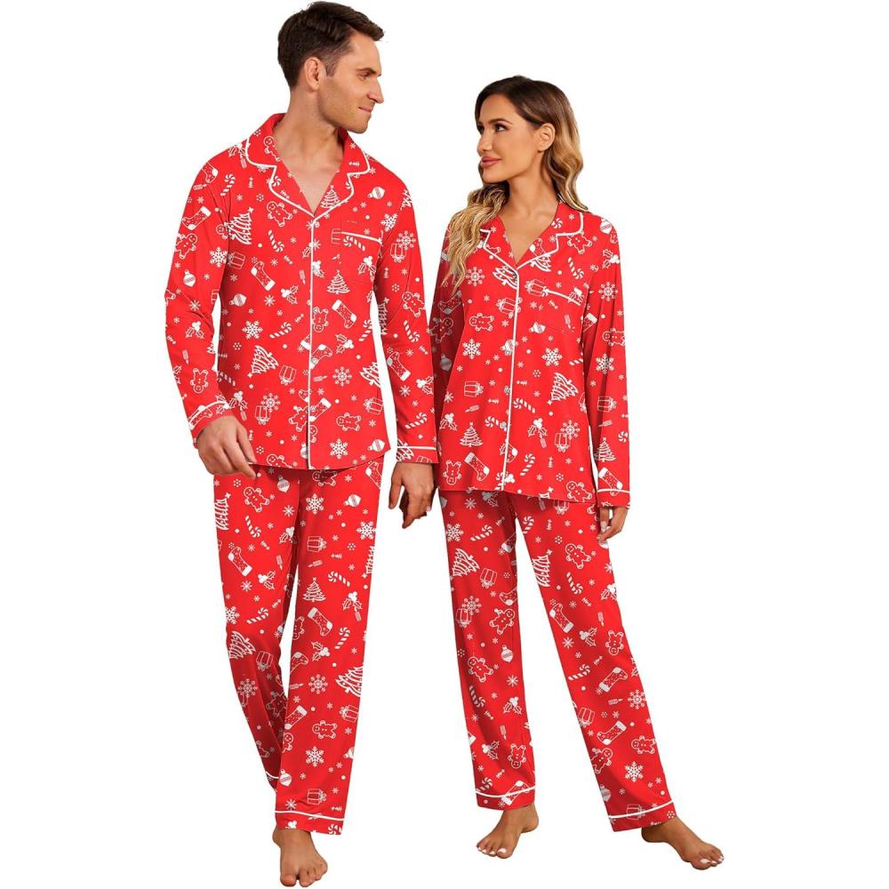 imageEkouaer Christmas Family Matching Pajamas Long Sleeve Button Down Pj Set Festival Party SleepwearRedTreeSock