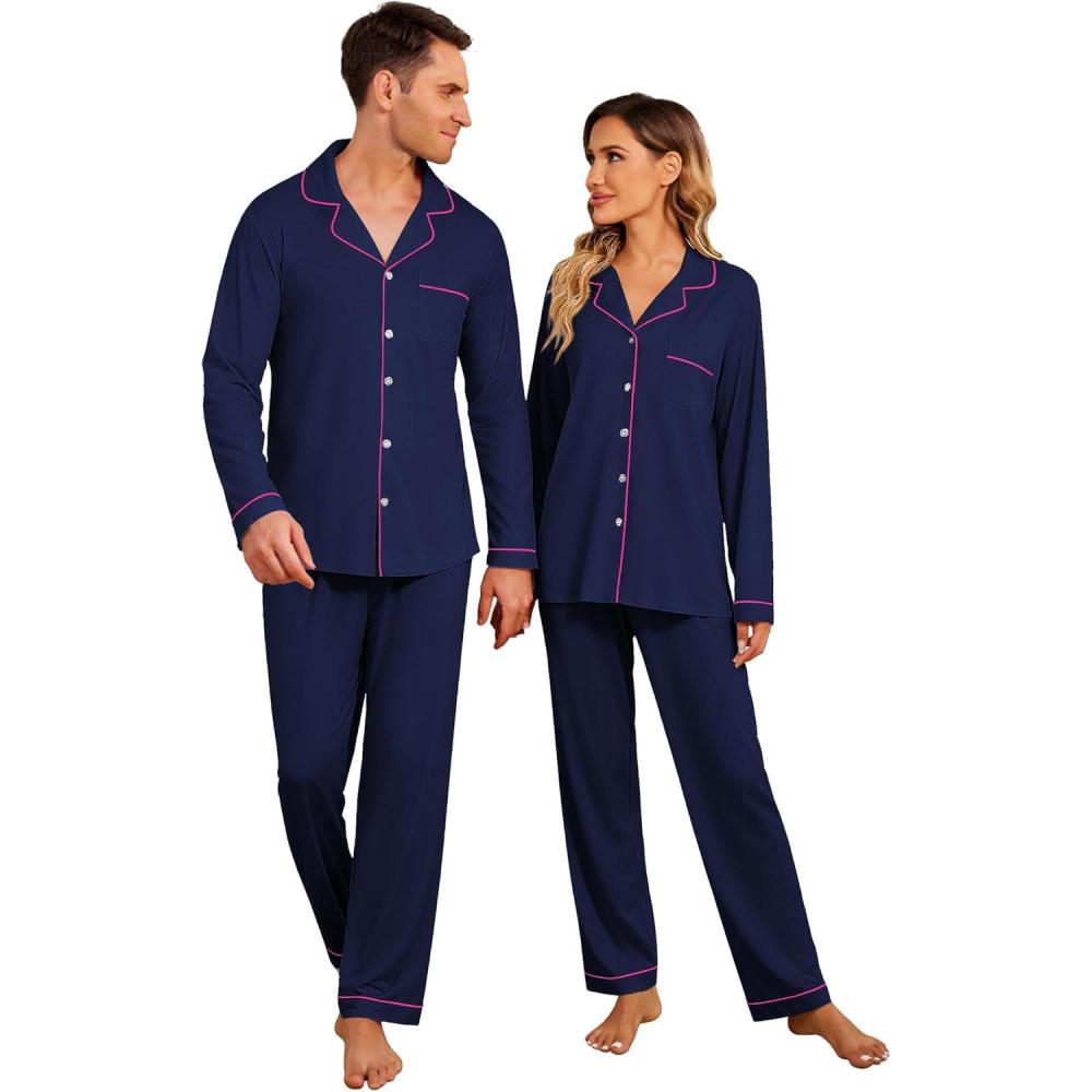 imageEkouaer Christmas Family Matching Pajamas Long Sleeve Button Down Pj Set Festival Party SleepwearSolidnavu Blue