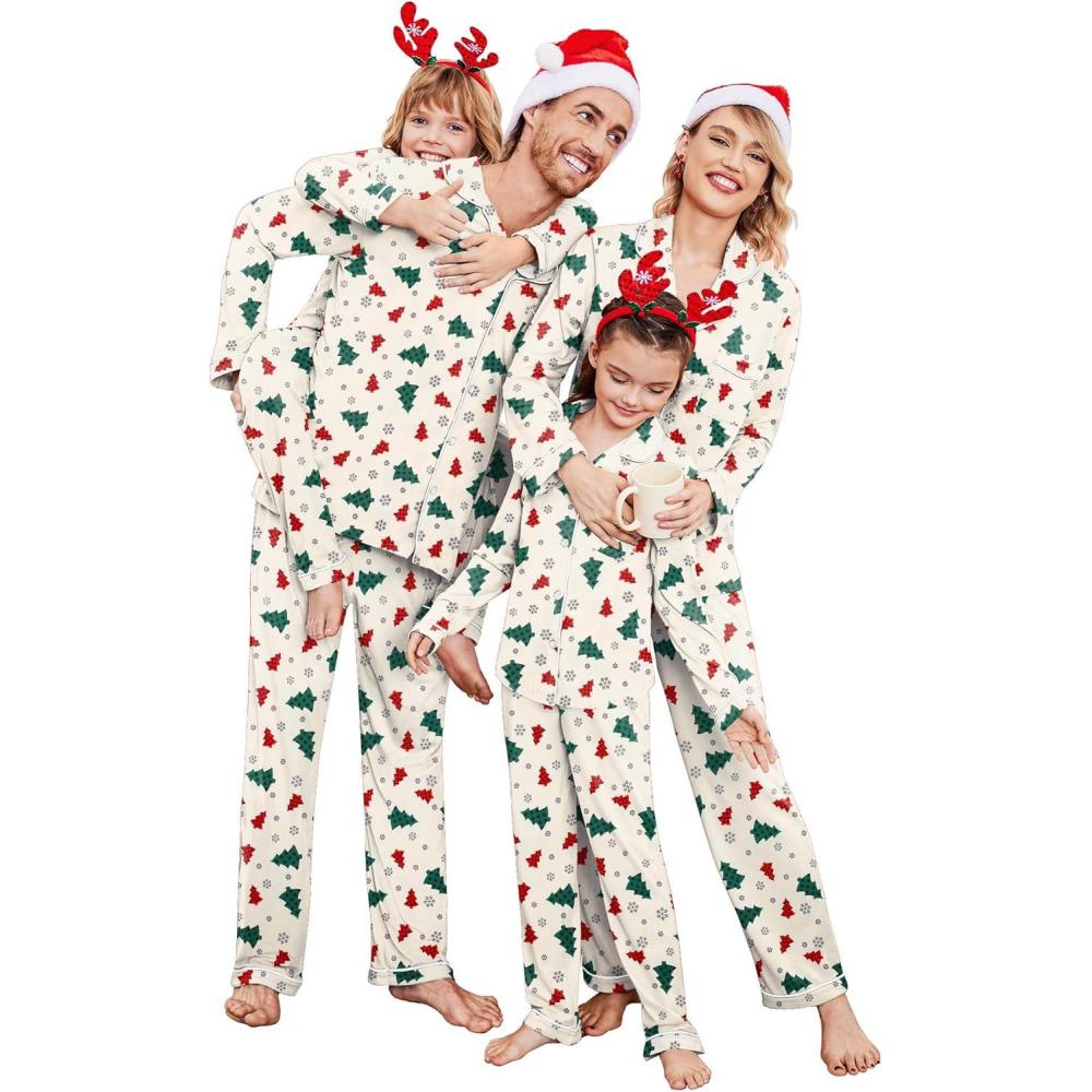 imageEkouaer Christmas Family Matching Pajamas Long Sleeve Button Down Pj Set Festival Party SleepwearWhitePlaid Tree