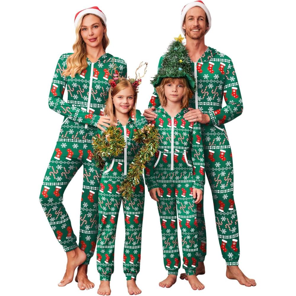 imageEkouaer Christmas Matching Family Onesie Pajamas Hoodie One Piece Pajamas Zipper Thermal Sleepwear with PocketsFamily Christmas Socks Print