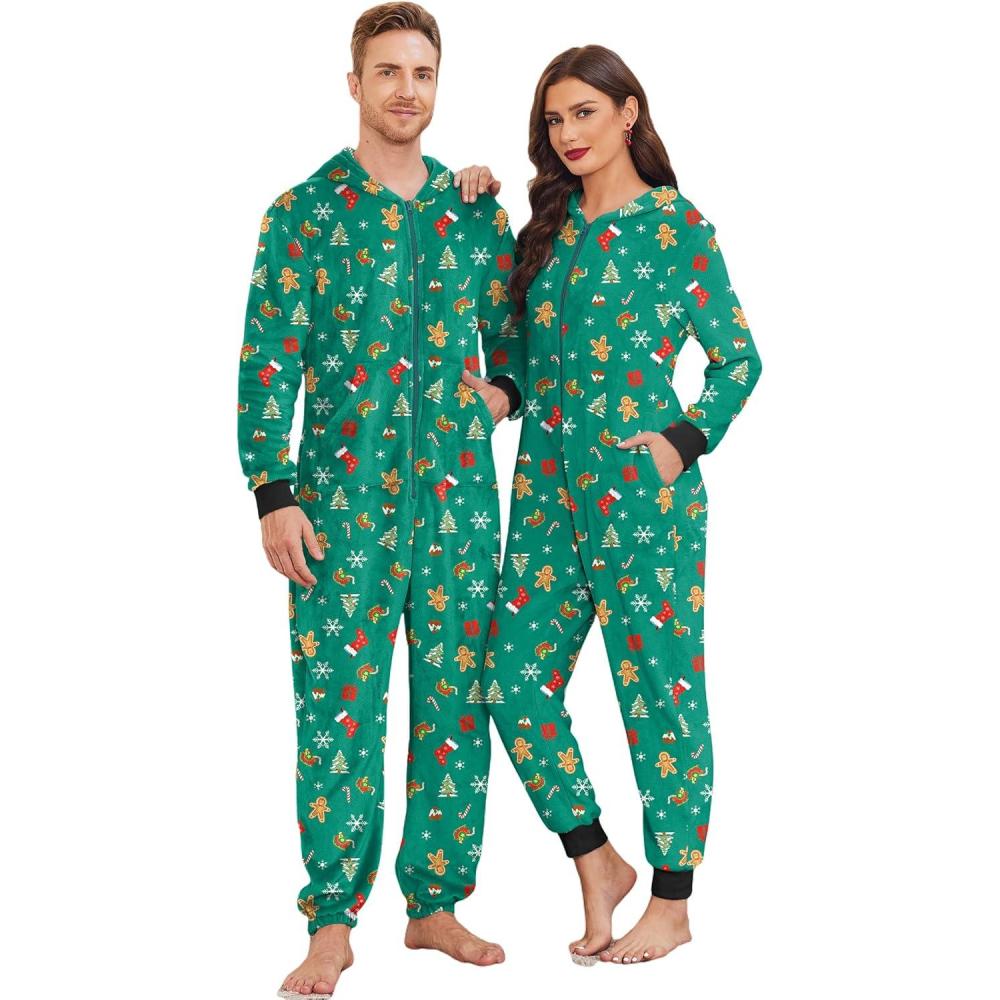 imageEkouaer Christmas Matching Onesie for Couples Fleece Hoodie One Piece Zipper Pajamas with Pockets SXXLGreen Snowflake