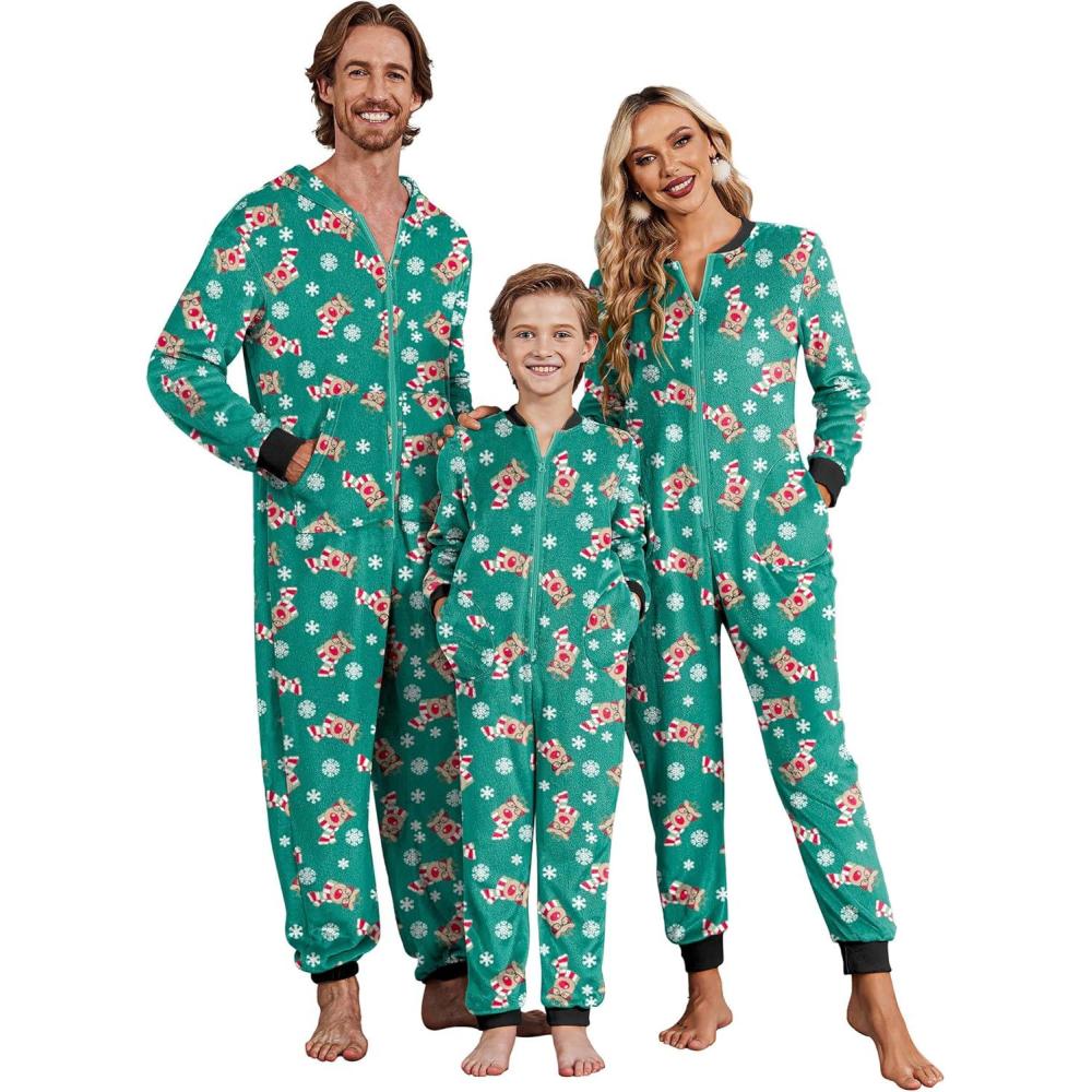 imageEkouaer Christmas Onesie Matching Family Fleece Hooded One Piece Zipper Long Sleeve Pajamas with Pockets SXXLChristmas Green