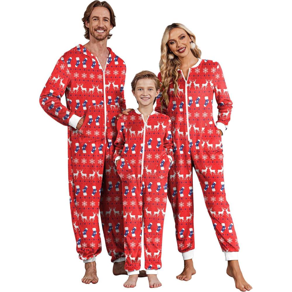 imageEkouaer Christmas Onesie Matching Family Fleece Hooded One Piece Zipper Long Sleeve Pajamas with Pockets SXXLChristmas Red