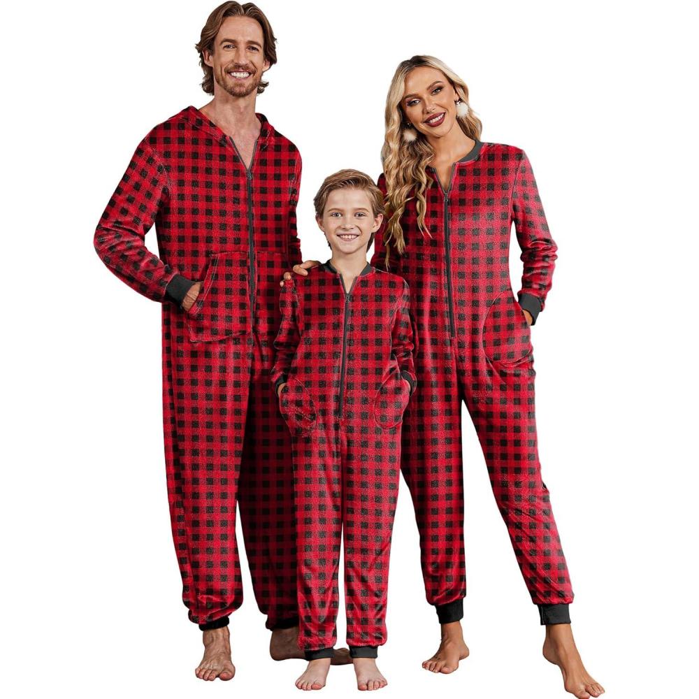 imageEkouaer Christmas Onesie Matching Family Fleece Hooded One Piece Zipper Long Sleeve Pajamas with Pockets SXXLRed Plaid