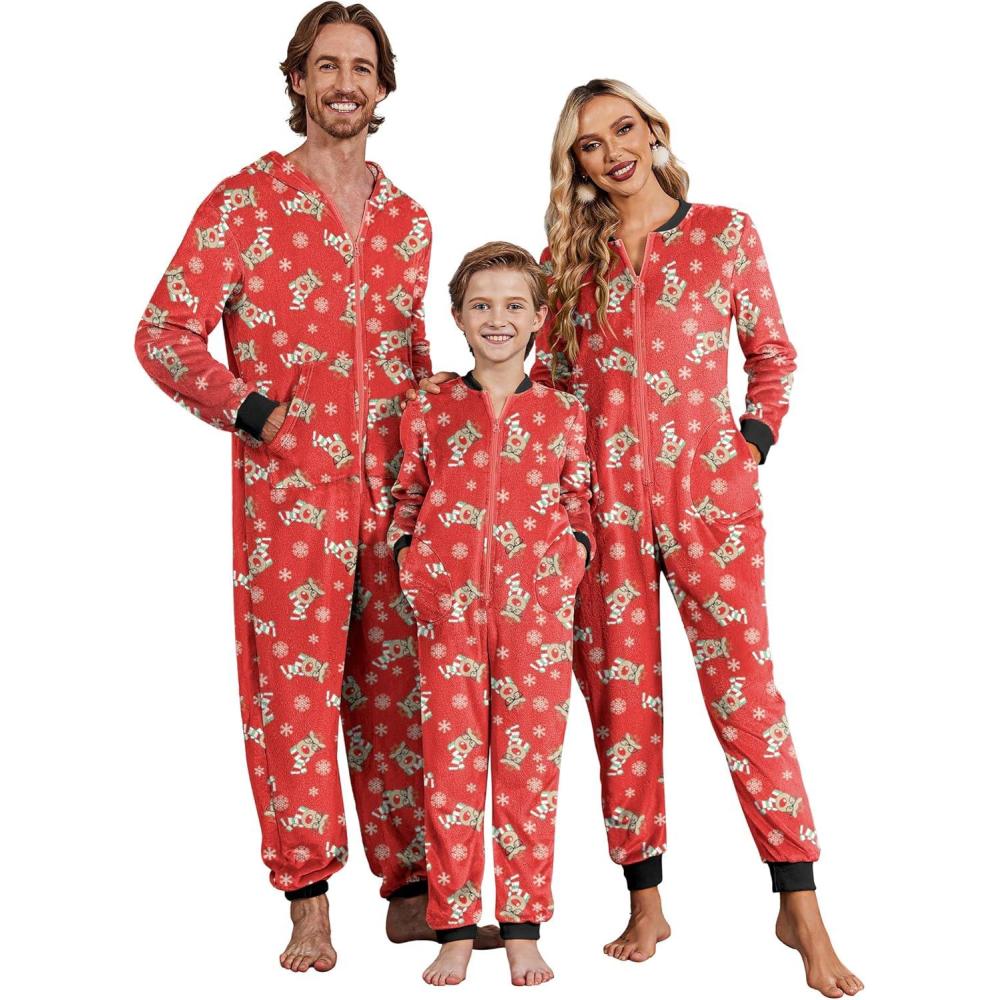 imageEkouaer Christmas Onesie Matching Family Fleece Hooded One Piece Zipper Long Sleeve Pajamas with Pockets SXXLReindeer Red