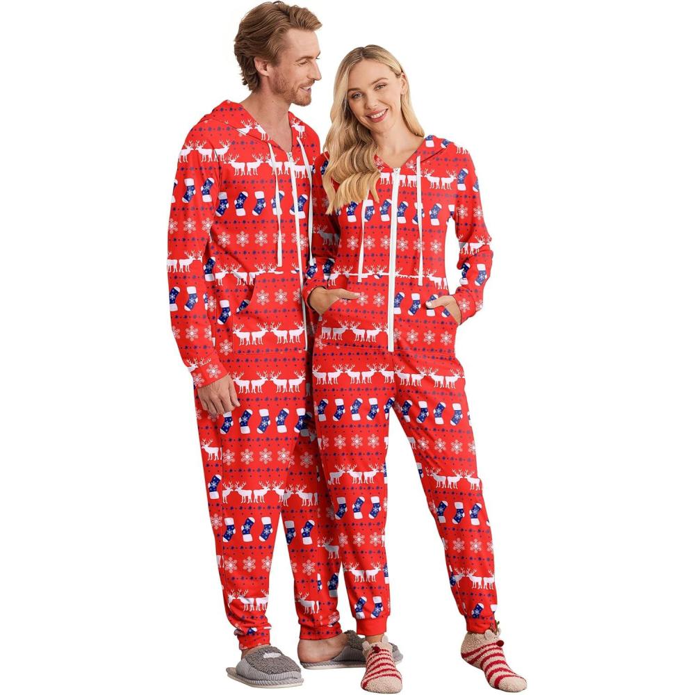 imageEkouaer Christmas Onesie for Couples Zipper Hooded Adult Matching Onesie Pajamas with PocketsElk Snowflake
