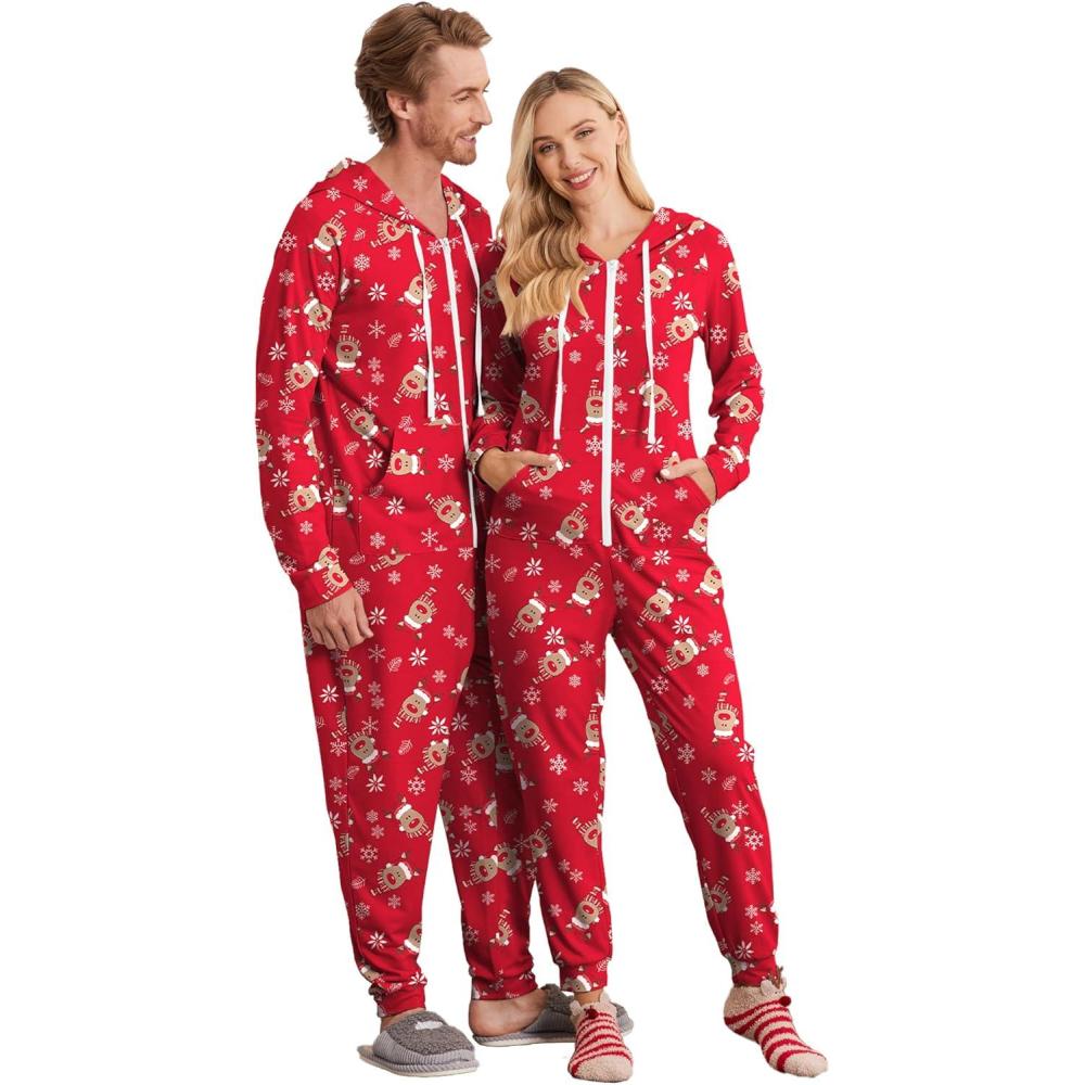 imageEkouaer Christmas Onesie for Couples Zipper Hooded Adult Matching Onesie Pajamas with PocketsReindeer