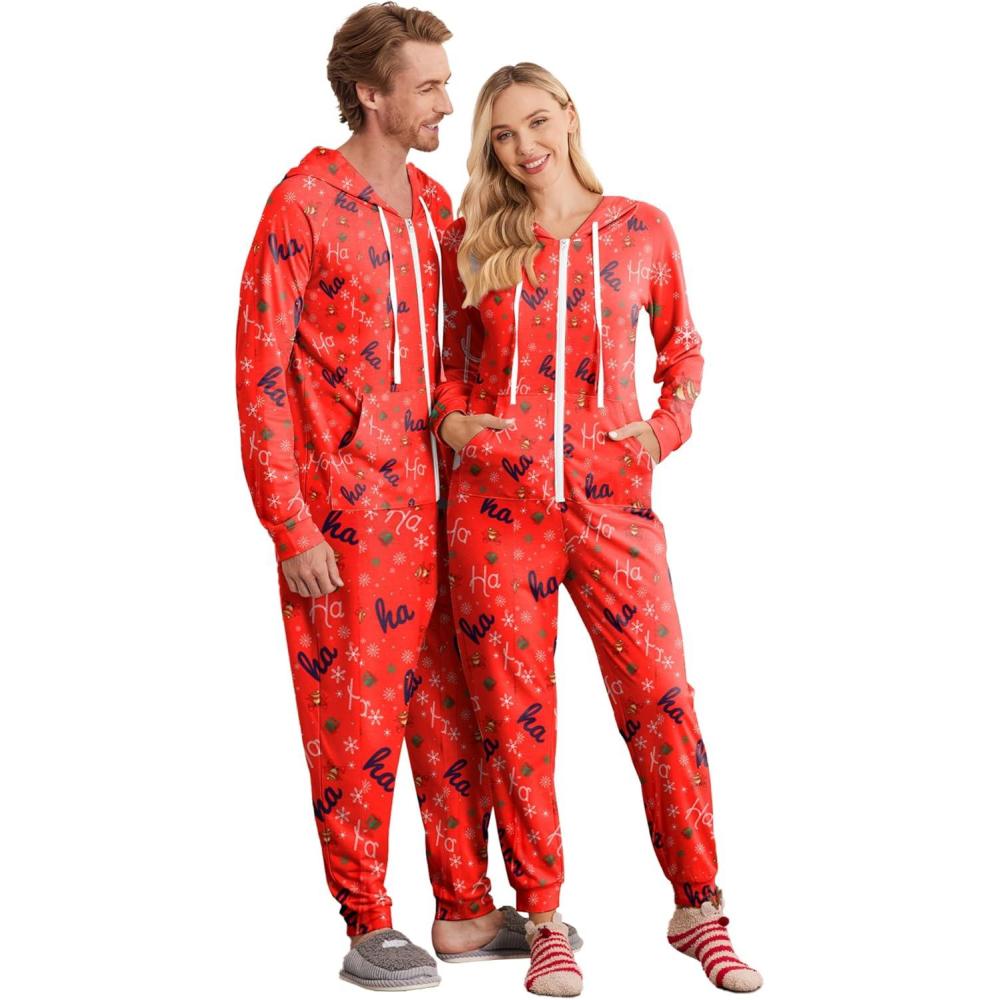 imageEkouaer Christmas Onesie for Couples Zipper Hooded Adult Matching Onesie Pajamas with PocketsSymbol