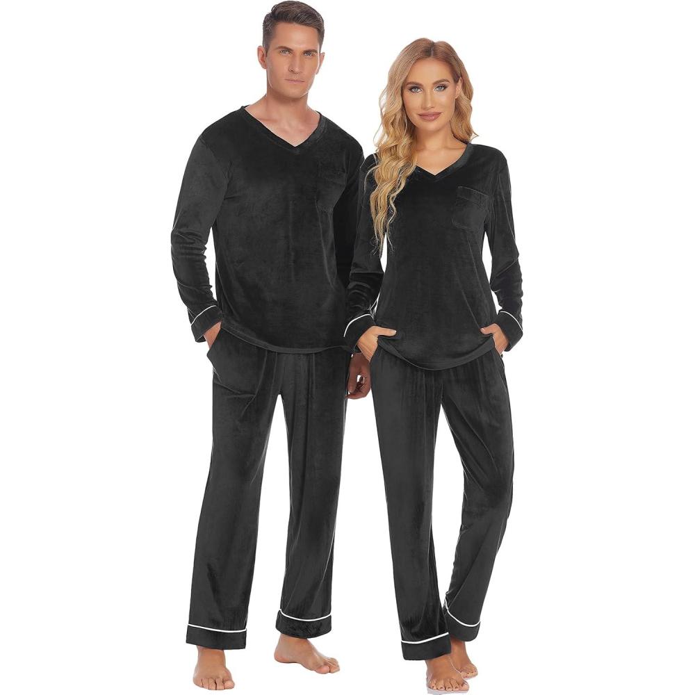 imageEkouaer Couples Matching Pajamas Sets Velvet PJs Set for Men and Women Velour Long Sleeve Sleepwear SXXLBlack