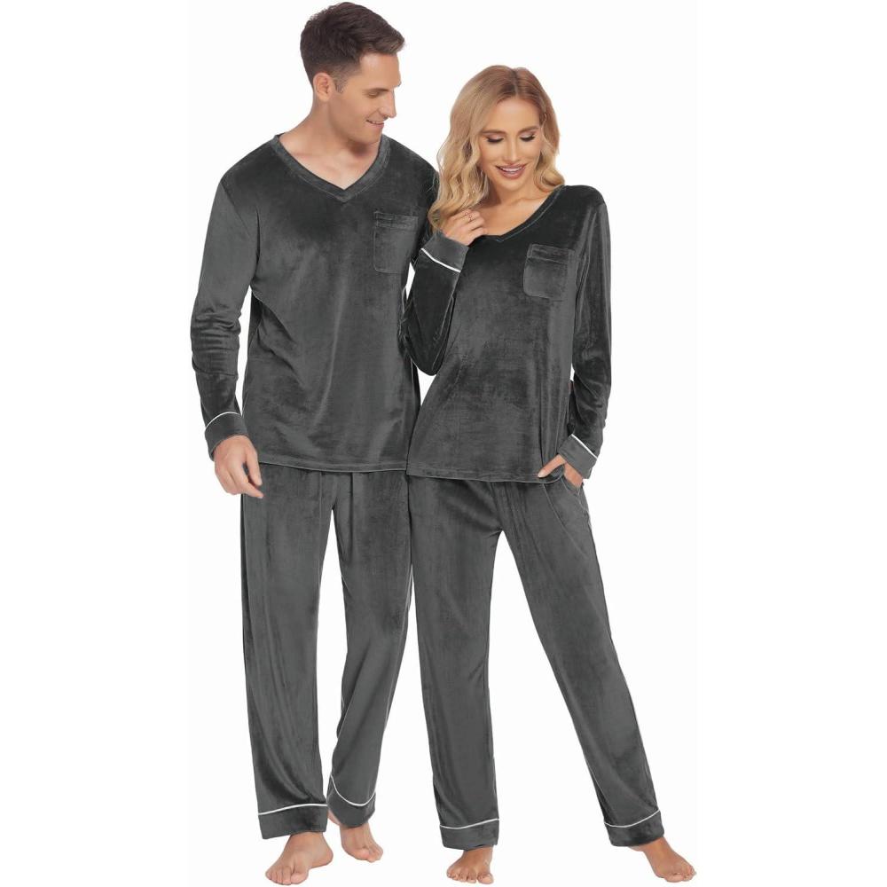imageEkouaer Couples Matching Pajamas Sets Velvet PJs Set for Men and Women Velour Long Sleeve Sleepwear SXXLDeep Gray