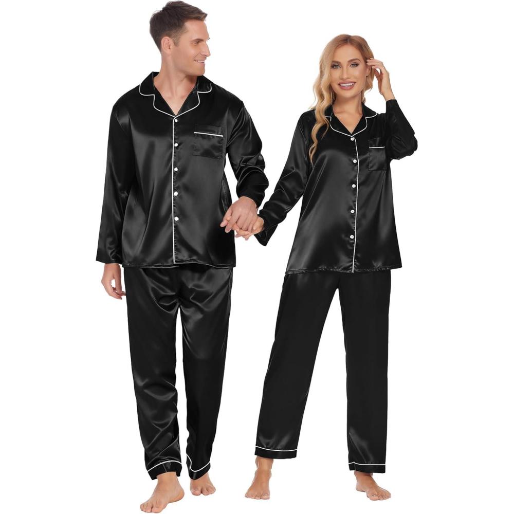 imageEkouaer Couples Matching Pajamas Silk Long Sleeve Sleepwear Satin Soft Button Down Loungewear Pjs SetBlack