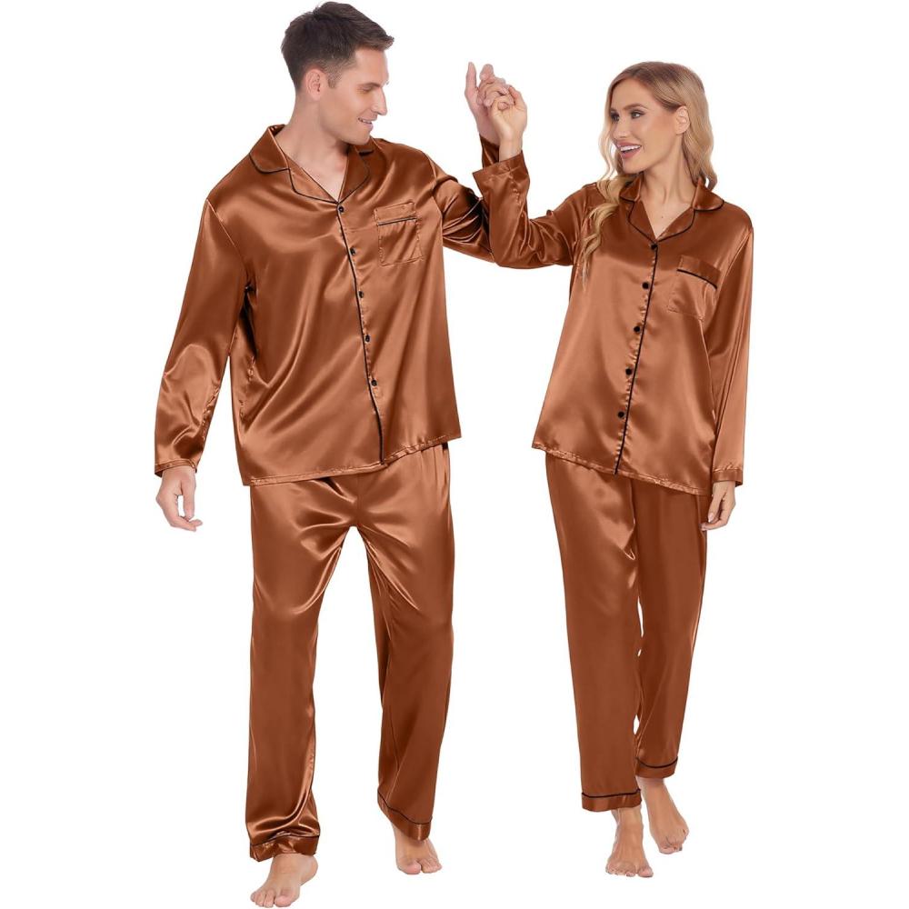 imageEkouaer Couples Matching Pajamas Silk Long Sleeve Sleepwear Satin Soft Button Down Loungewear Pjs SetBrown