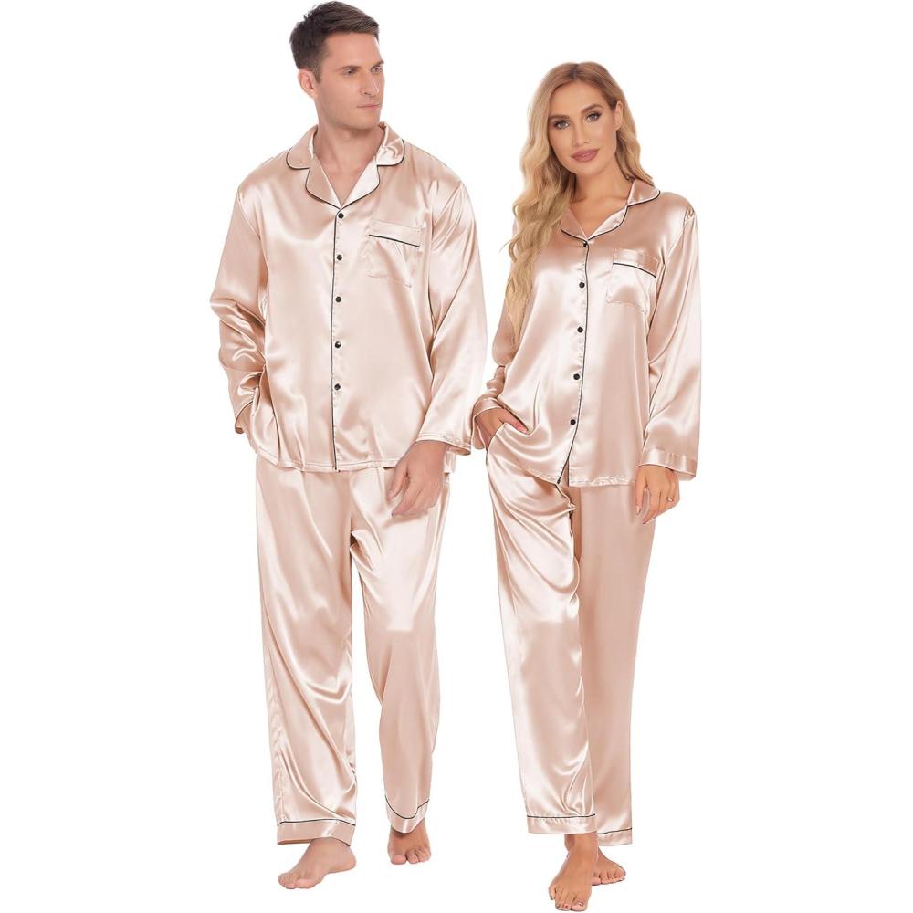 imageEkouaer Couples Matching Pajamas Silk Long Sleeve Sleepwear Satin Soft Button Down Loungewear Pjs SetChampagne