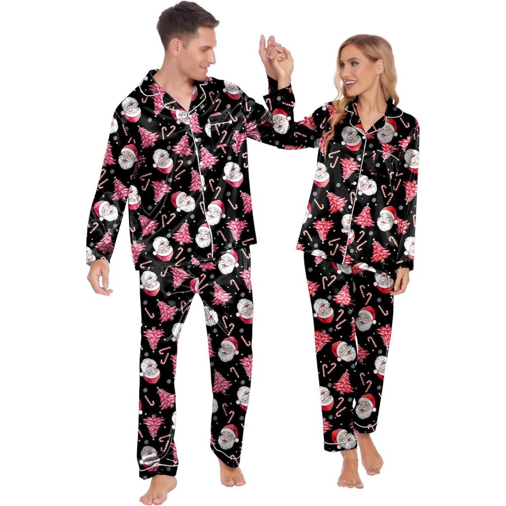 imageEkouaer Couples Matching Pajamas Silk Long Sleeve Sleepwear Satin Soft Button Down Loungewear Pjs SetChristmas Black Santa