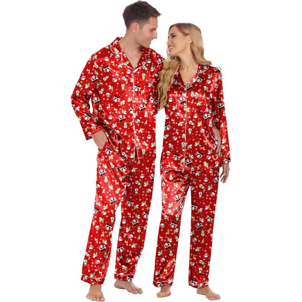 imageEkouaer Couples Matching Pajamas Silk Long Sleeve Sleepwear Satin Soft Button Down Loungewear Pjs SetChristmas Red