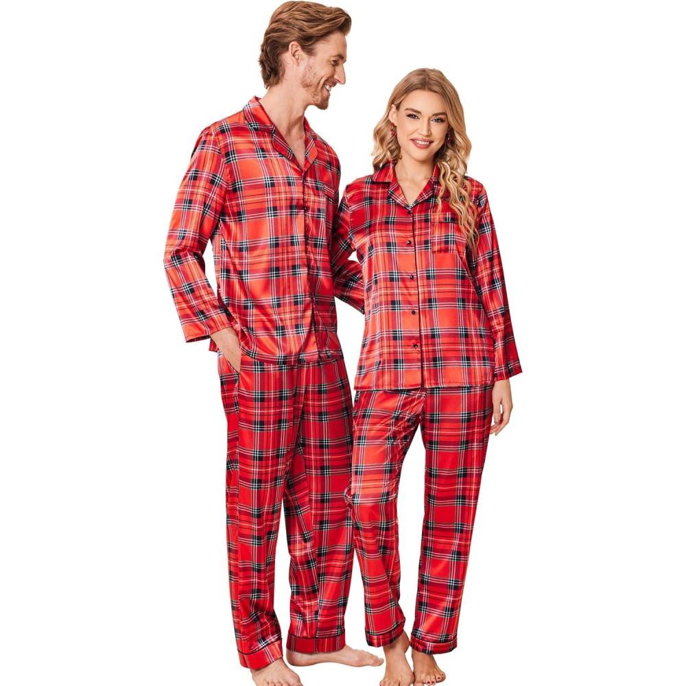 imageEkouaer Couples Matching Pajamas Silk Long Sleeve Sleepwear Satin Soft Button Down Loungewear Pjs SetChristmas Red Plaid