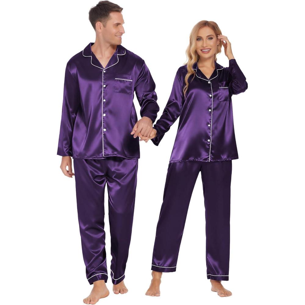 imageEkouaer Couples Matching Pajamas Silk Long Sleeve Sleepwear Satin Soft Button Down Loungewear Pjs SetPurple