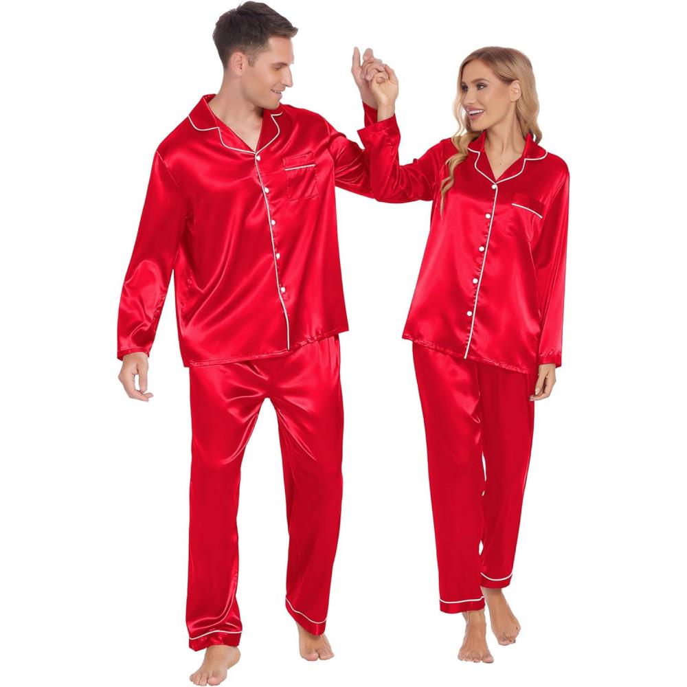 imageEkouaer Couples Matching Pajamas Silk Long Sleeve Sleepwear Satin Soft Button Down Loungewear Pjs SetRed