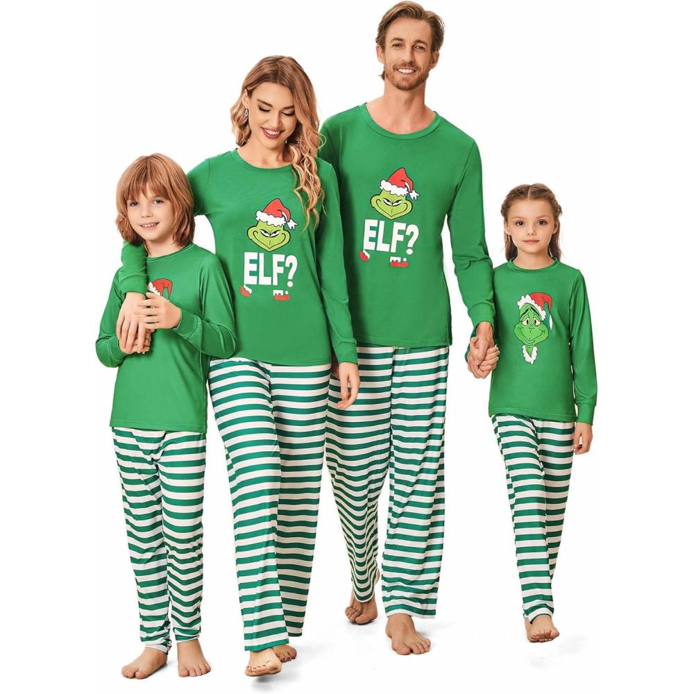 imageEkouaer Family Pajamas Matching Sets Couples Long Sleeve Christmas Pjs Top with Long Green Stripe Pants PAT4 M